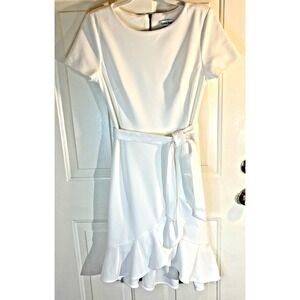 Calvin Klein Winter White Crossover Ruffle Tulip Hem Crepe Dress Lined Women's 6